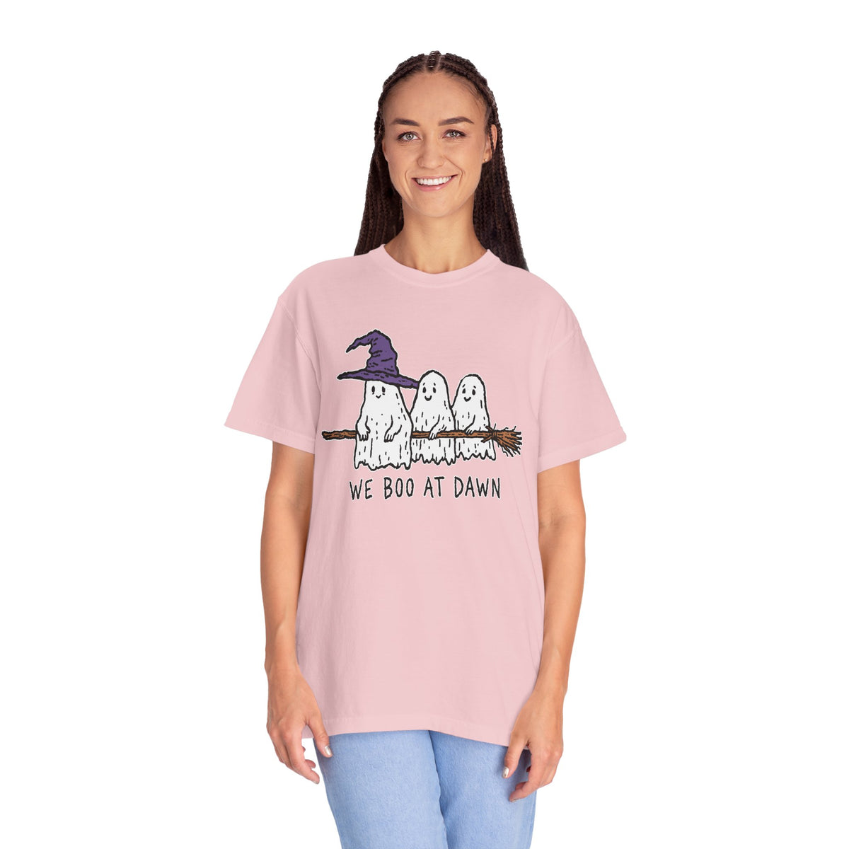 We Boo at Dawn Ghost Shirt, Funny Halloween Witch Broom Graphic Tee, Cute Spooky Season Gift for Friends and Ghost Lovers, October Outfit