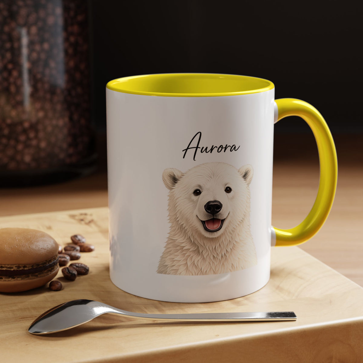 Custom Polar Bear Coffee Mug with Name, Personalized Arctic Animal Gift for Kids, Cute Winter Holiday Ceramic Tea Cup with Orange Handle