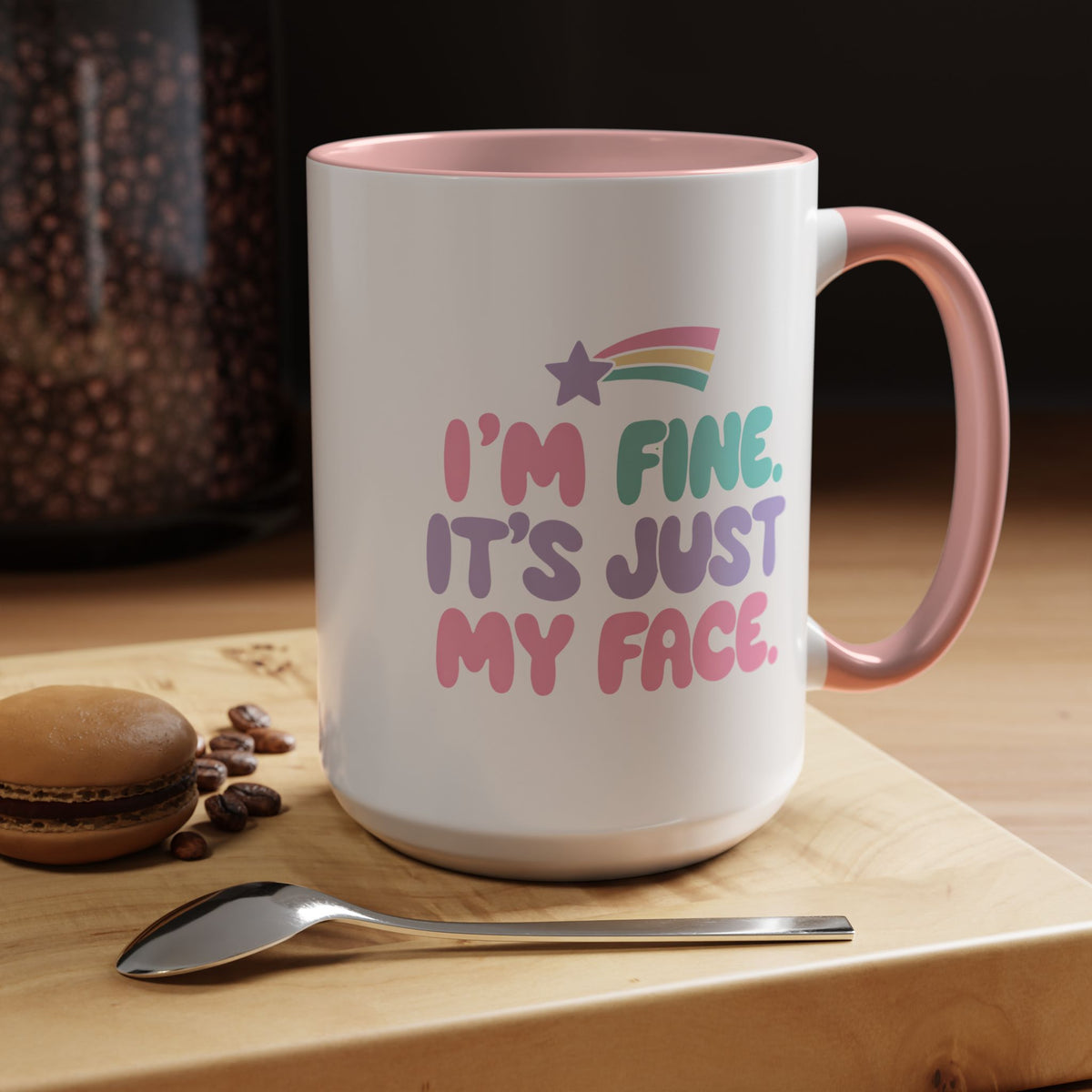 Funny Sarcastic Coffee Mug, I'm Fine It's Just My Face Pastel Quote, Sassy Birthday Gift for a Best Friend or Coworker's Office Coffee Break