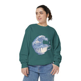 Great Wave Teacup Sweatshirt, Japanese Art Inspired Ocean Graphic, Gift for Tea Lovers and Coastal Art Fans, Casual Cafe Weekend Outfit