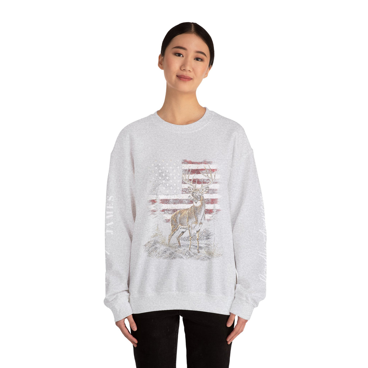 Personalized Hunting Sweatshirt, Custom Deer American Flag Pullover, Patriotic Outdoorsman Crewneck, Hunter Gift, Personalized Family Shirt