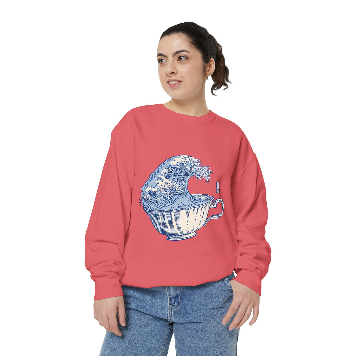 Great Wave Teacup Sweatshirt, Japanese Art Inspired Ocean Graphic, Gift for Tea Lovers and Coastal Art Fans, Casual Cafe Weekend Outfit