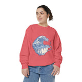 Great Wave Teacup Sweatshirt, Japanese Art Inspired Ocean Graphic, Gift for Tea Lovers and Coastal Art Fans, Casual Cafe Weekend Outfit