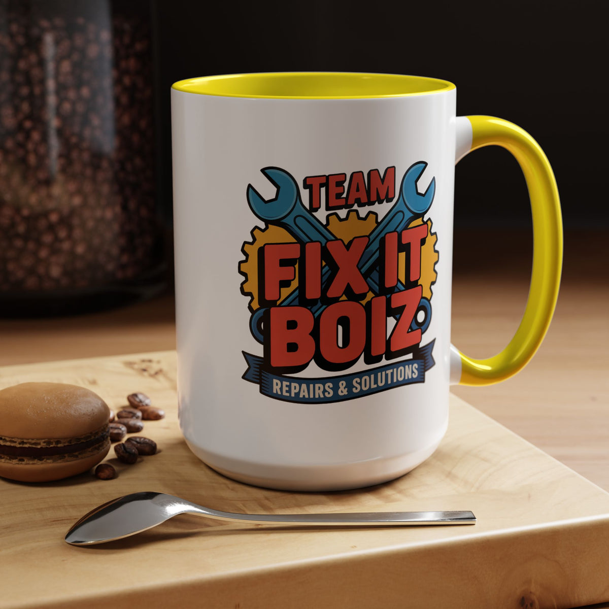 Mechanic Coffee Mug, Team Fix It Boiz Wrench and Gear Design, Handyman Gift for Dad or a Repair Crew Coworker, Workshop Coffee Break Cup