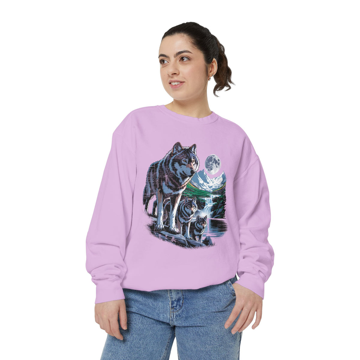 Wolf Pack Mountain Sweatshirt, Moonlit Wildlife Crewneck, Nature Lover Gift, Wilderness Forest Graphic Cozy Outdoor Pullover Unisex Top