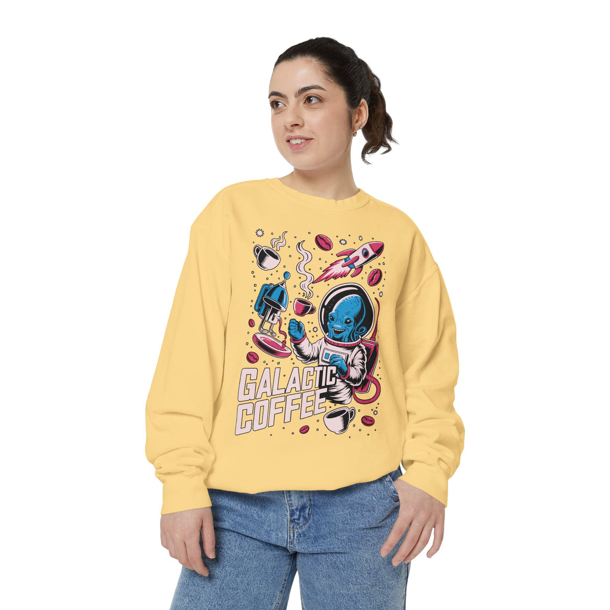 Galactic Coffee Comfort Colors Sweatshirt, Funny Alien Coffee Lover Shirt, Space Nerd Sweatshirt, Sci Fi Gift for Coffee Fans