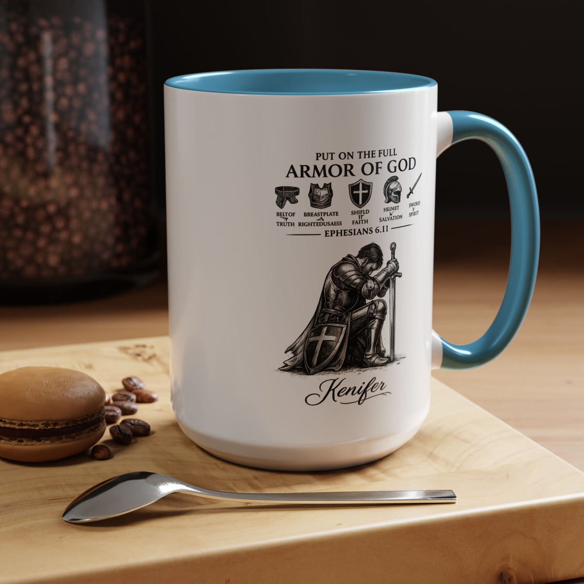 Full Armor of God Coffee Mug with Name, Personalized Christian Knight Gift for Men, Inspirational Scripture Ceramic Tea Cup, Religious Faith Present