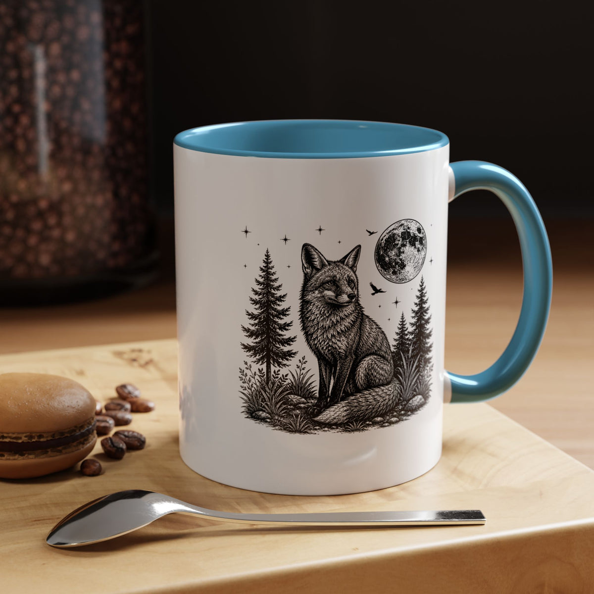 Fox Moon Mug, Black and White Woodland Coffee Cup, Celestial Forest Animal Gift for Fox Lover, Rustic Cabin Decor, Nature Birthday Present