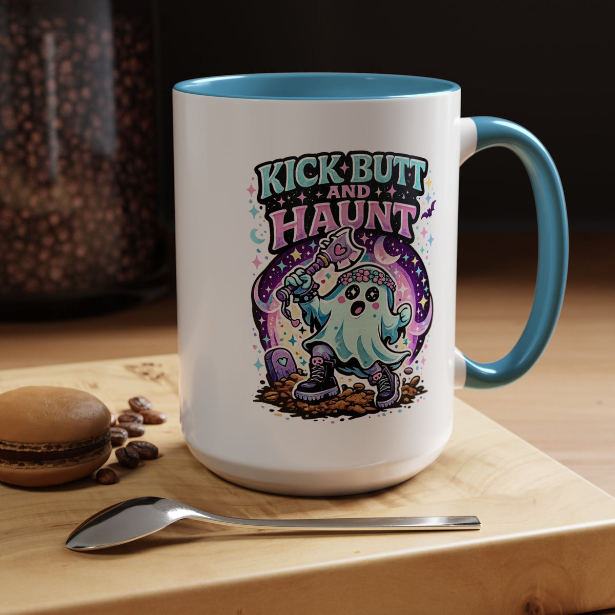 Kick Butt and Haunt Mug, Cute Pastel Ghost Black Accent Coffee Cup, Unique Funny Halloween Gift for Her, Spooky Bestie or Pastel Goth