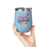 Happy Birthday to You Wine Tumbler, Pink and Blue Balloons with Party Bunting, Colorful Drinkware Gift for a Sister or Best Friend's Party
