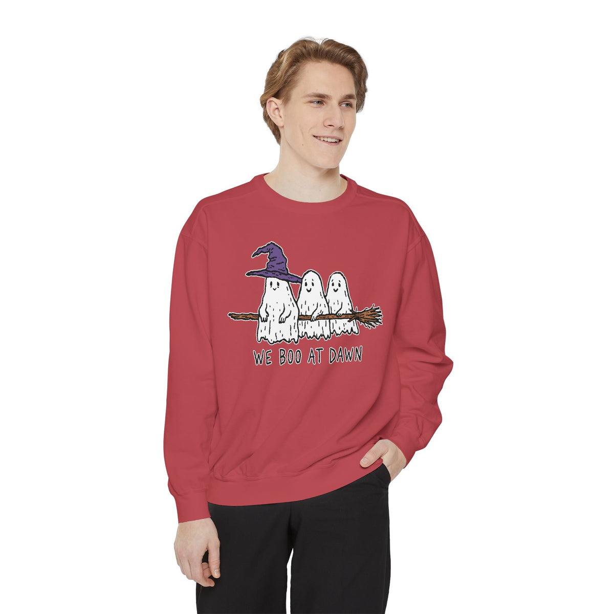 We Boo at Dawn Ghost Sweatshirt, Funny Halloween Witch Broom Pullover, Cute Spooky Season Gift for Friends and Ghost Lovers, October Outfit