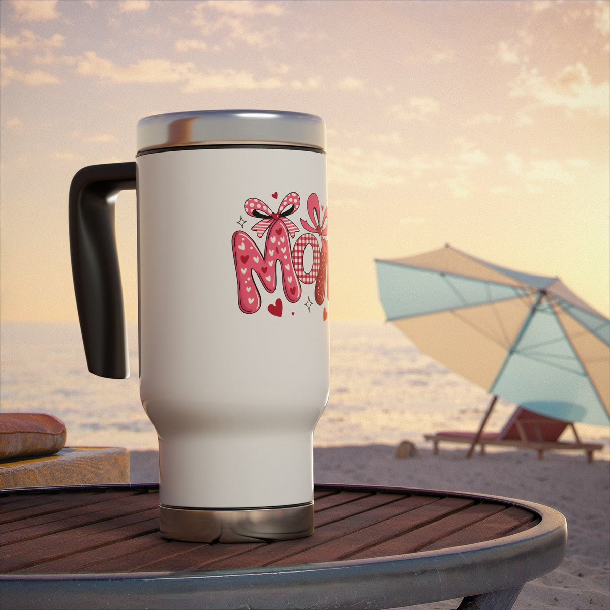 Mom Stainless Steel Travel Mug, Mother's Day Coffee Cup, Bow Heart Drinkware, Gift for Mom, Cute Insulated Mug, Mom Appreciation Gift
