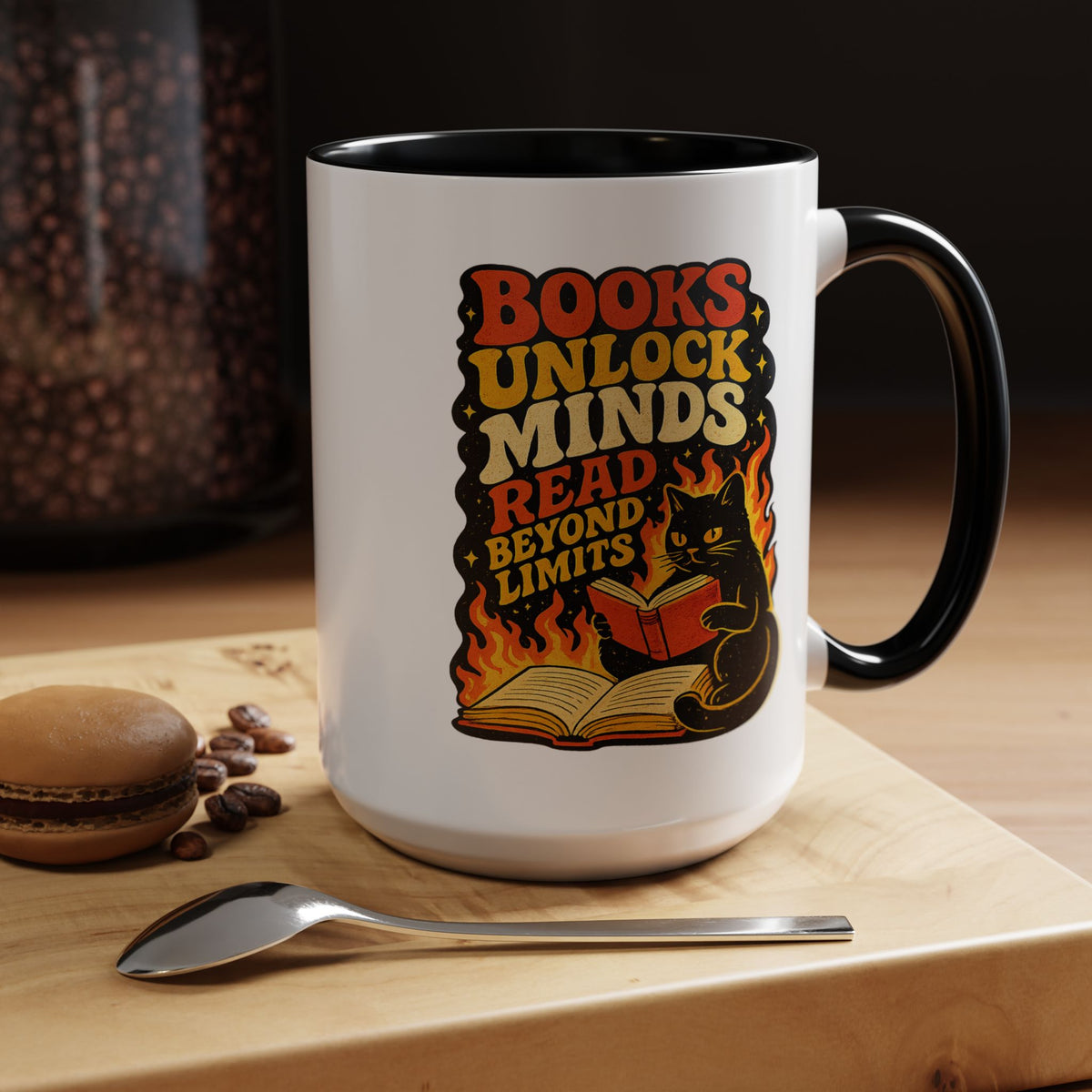 Book Lover Cat Coffee Mug, Reading Cat Mug for Bookworms, Literary Gift for Readers, Librarian Teacher Cup, Books Unlock Minds