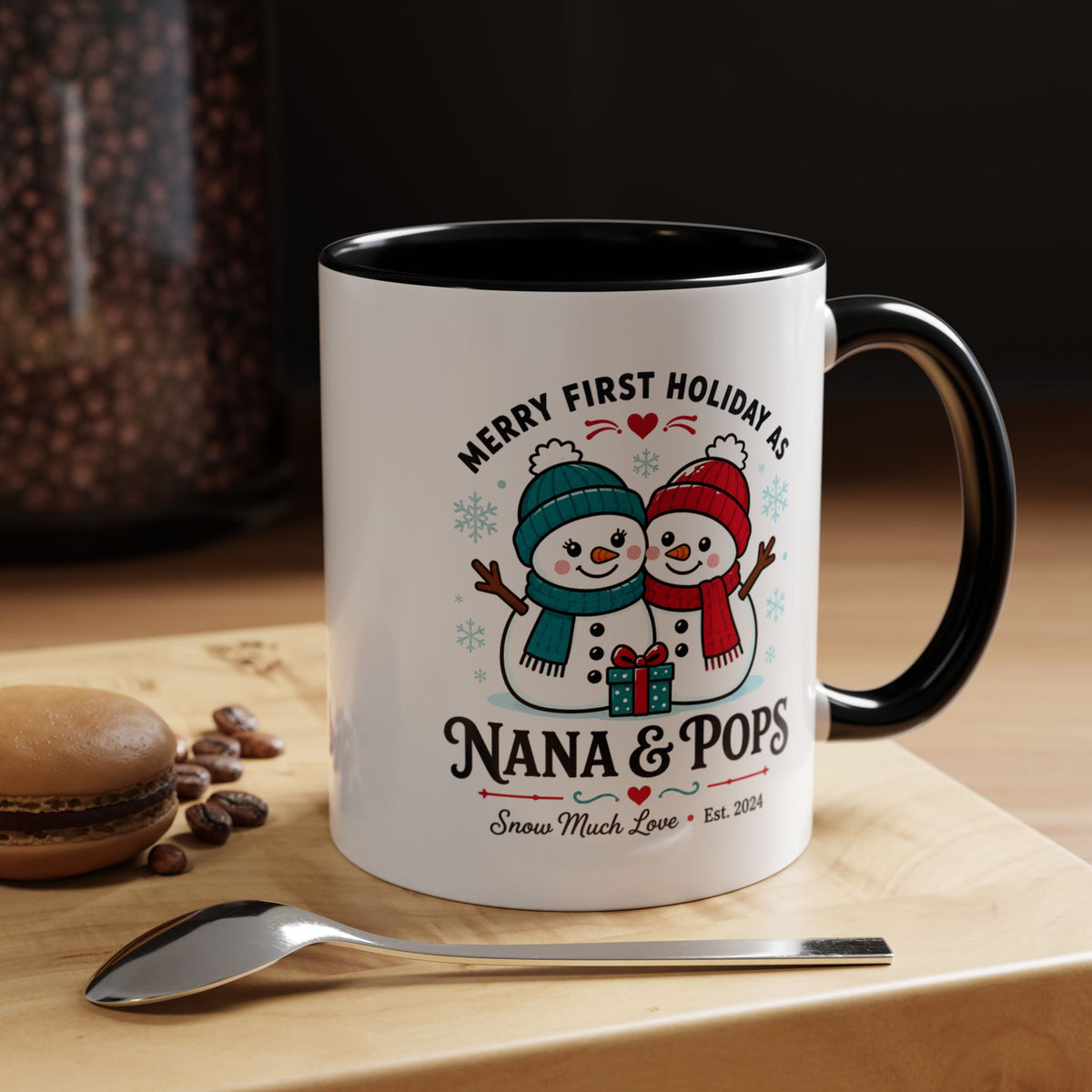 Personalized First Christmas Grandparents Mug, Nana and Pops Holiday Coffee Cup, New Grandparent Gift, Custom Names and Established Year