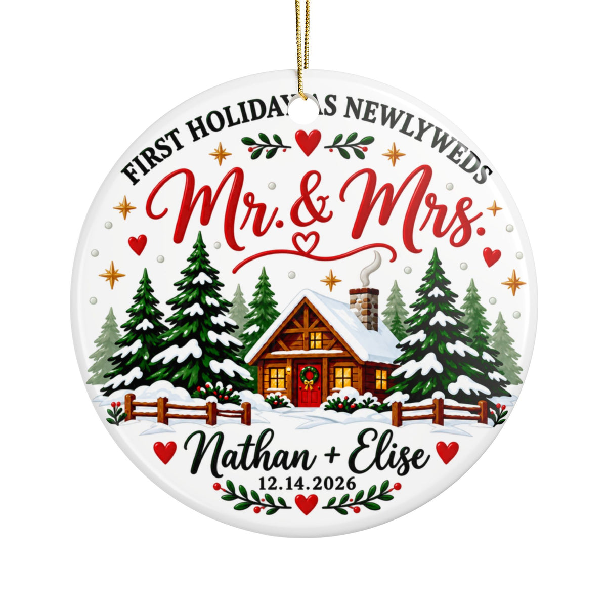 Personalized Newlywed Christmas Ornament, Mr and Mrs Cabin with Names and Wedding Date, First Holiday Keepsake Gift for Married Couples