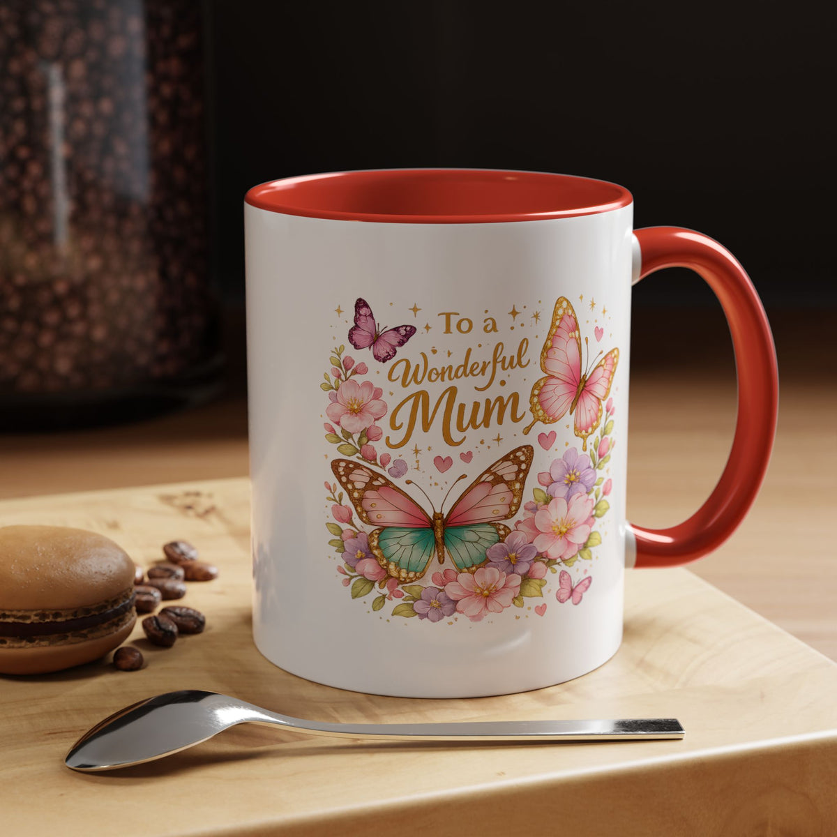 To a Wonderful Mum Coffee Mug, Cute Butterfly Birthday Gift for Mother, Floral Pastel Watercolor Ceramic Tea Cup with Pink Handle, Mum Gift