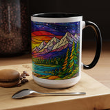 Colorful Sunset Landscape Mug, Stained Glass Nature Coffee Mug, Mountain Lake Art Mug, Outdoor Lover Gift, Scenic Ceramic Cup