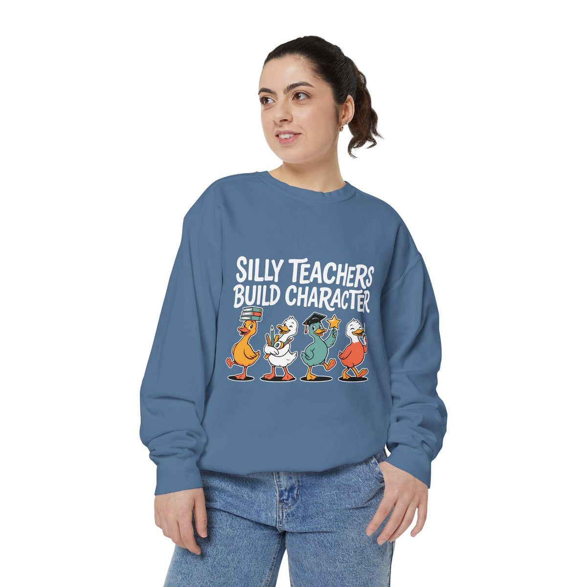 Funny Teacher Comfort Colors Sweatshirt, Silly Teachers Build Character Graphic Sweatshirt, Teacher Appreciation Gift for Educators