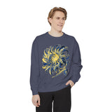 Celestial Sun Graphic Sweatshirt, Blue and Gold Cosmic Pullover, Mystical Night Sky Top, Astrology Gift for Stargazers and Dreamers