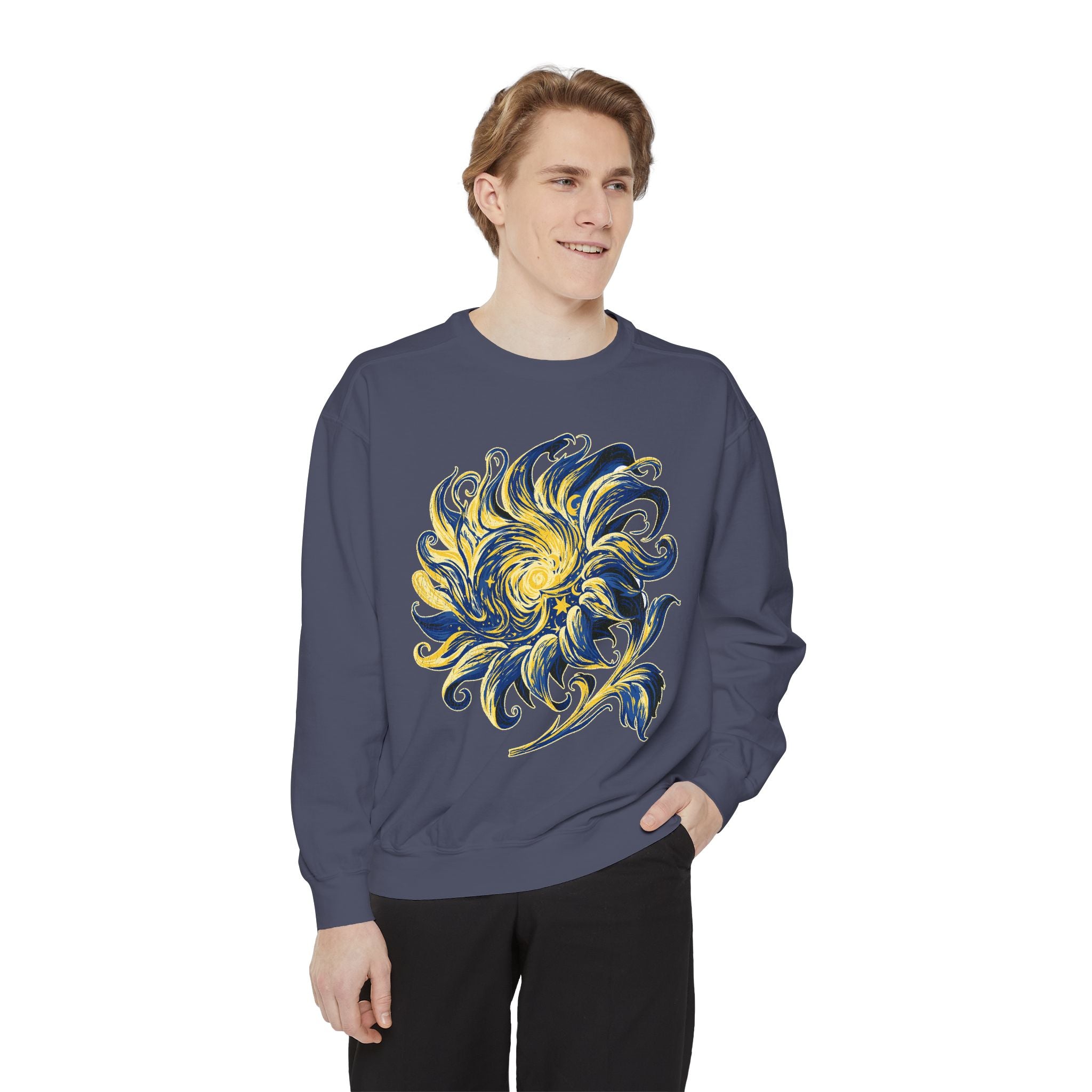 Celestial Sun Graphic Sweatshirt, Blue and Gold Cosmic Pullover, Mystical Night Sky Top, Astrology Gift for Stargazers and Dreamers
