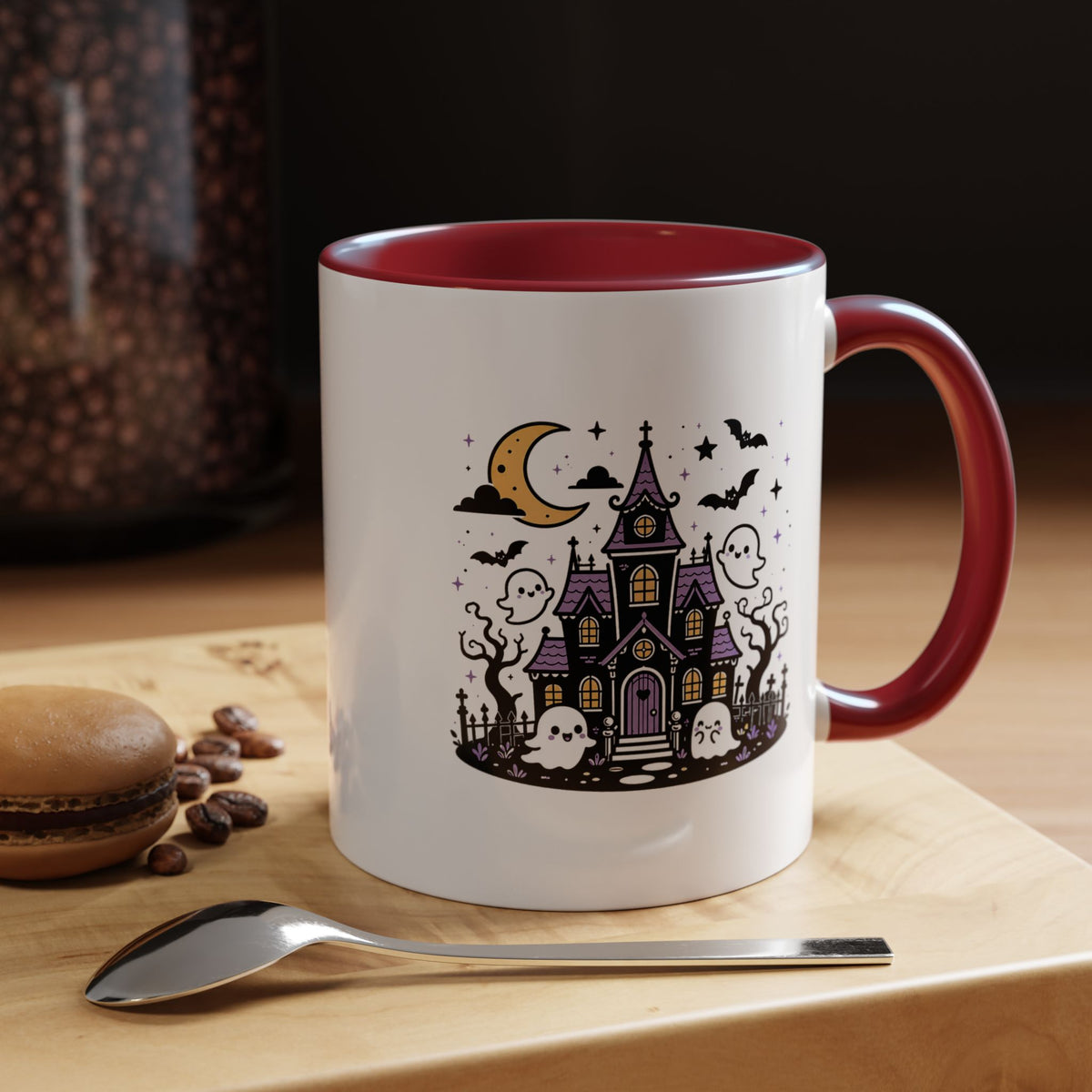 Cute Haunted House Mug, Kawaii Ghost Halloween Coffee Cup, Spooky Season Gift for Her, Purple Witchy Decor, Cozy Fall Birthday Present