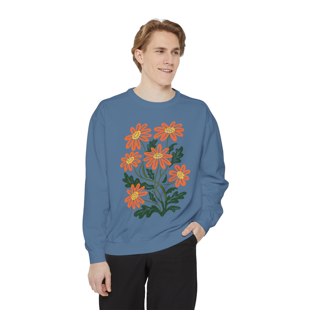 Orange Daisy Graphic Sweatshirt, Retro Floral Pullover for Flower Lovers, Groovy Botanical Top, Cheerful Garden Gift for Women