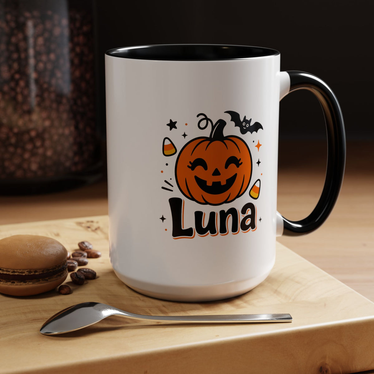 Personalized Halloween Name Mug, Custom Luna Pumpkin Coffee Cup, Cute Kids Trick or Treat Gift, Fall Birthday Present for Little Girl