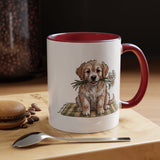 Cute Puppy Coffee Mug, Fluffy Dog Holding Daisies on a Gingham Blanket, Birthday Gift for a Dog Mom or Animal Lover Who Enjoys Cottage Style