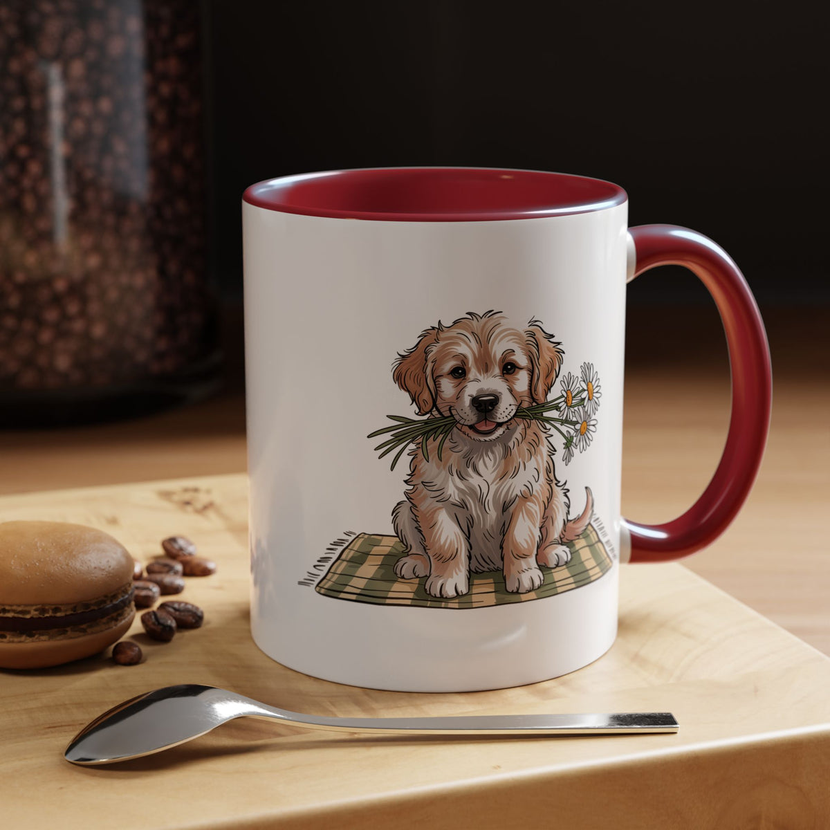 Cute Puppy Coffee Mug, Fluffy Dog Holding Daisies on a Gingham Blanket, Birthday Gift for a Dog Mom or Animal Lover Who Enjoys Cottage Style