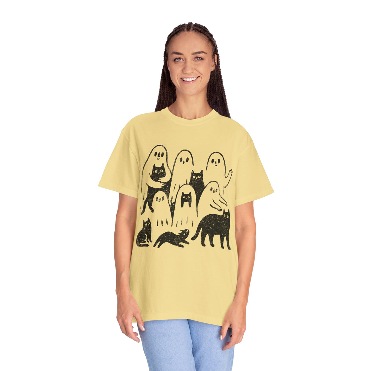 Ghost Cat Halloween Shirt, Cute Spooky Cats and Ghosts Graphic Tee, Cozy Pet Lover Gift, Minimal Black and White Fall Outfit for Women