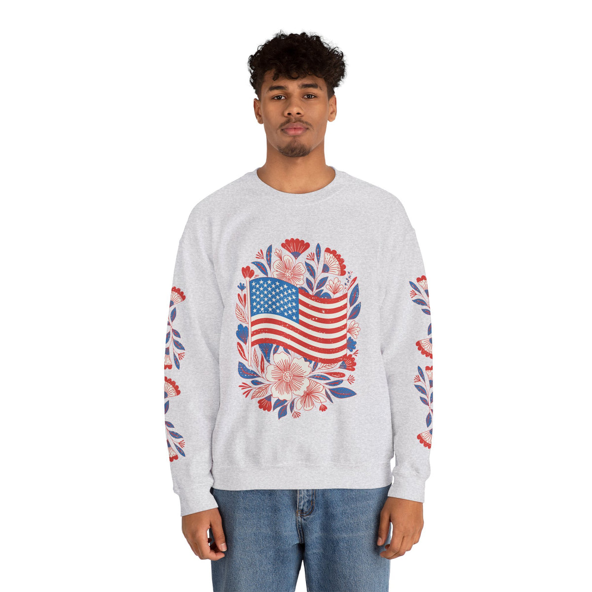 Floral American Flag Sweatshirt, Patriotic USA Pullover, Red White Blue Flower Top, Fourth of July Outfit, Americana Gift for Women