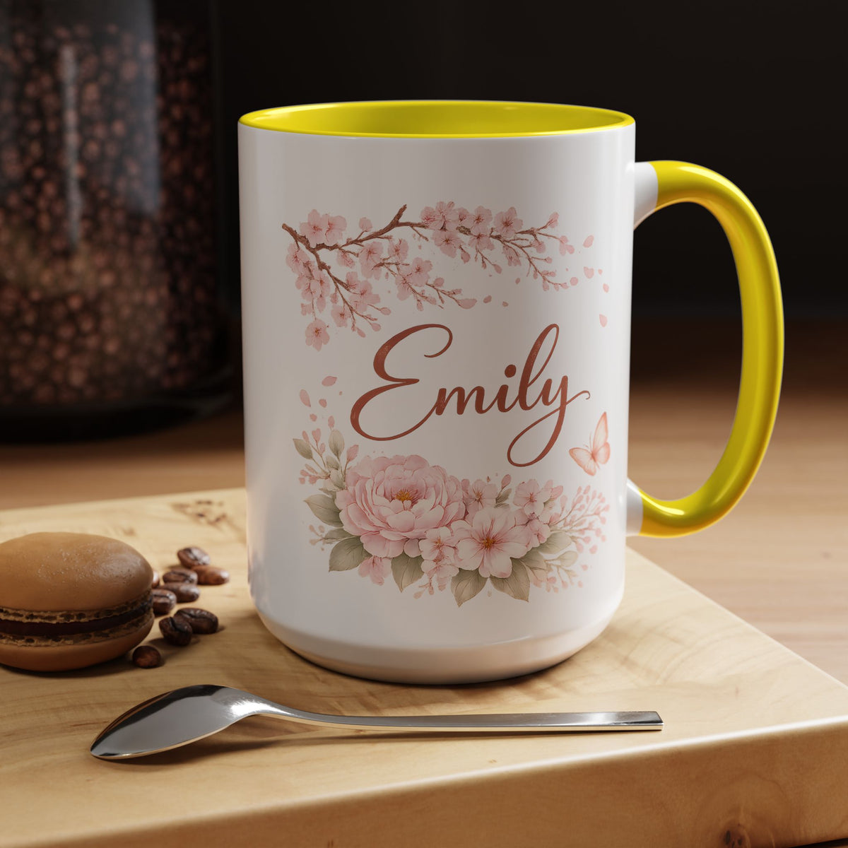 Personalized Floral Name Mug, Custom Coffee Mug with Name, Pink Flower Mug for Women, Birthday Gift, Bridesmaid Keepsake Cup
