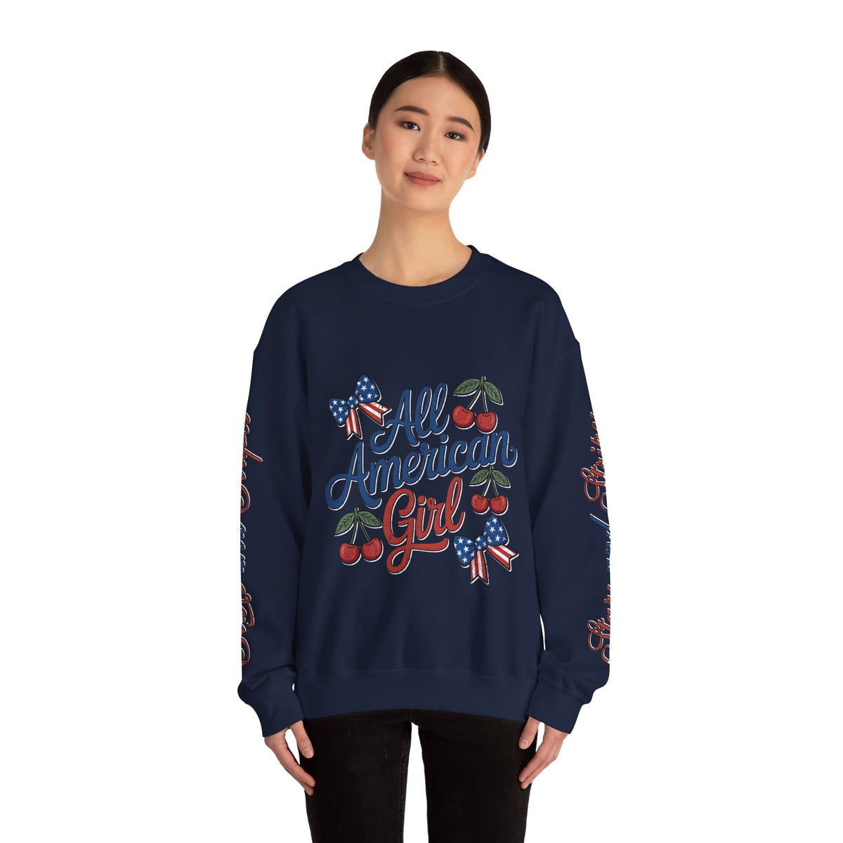 All American Girl Sweatshirt, Patriotic Womens Pullover, USA Flag Cherry Top, Vintage Americana Style, Fourth of July Gift