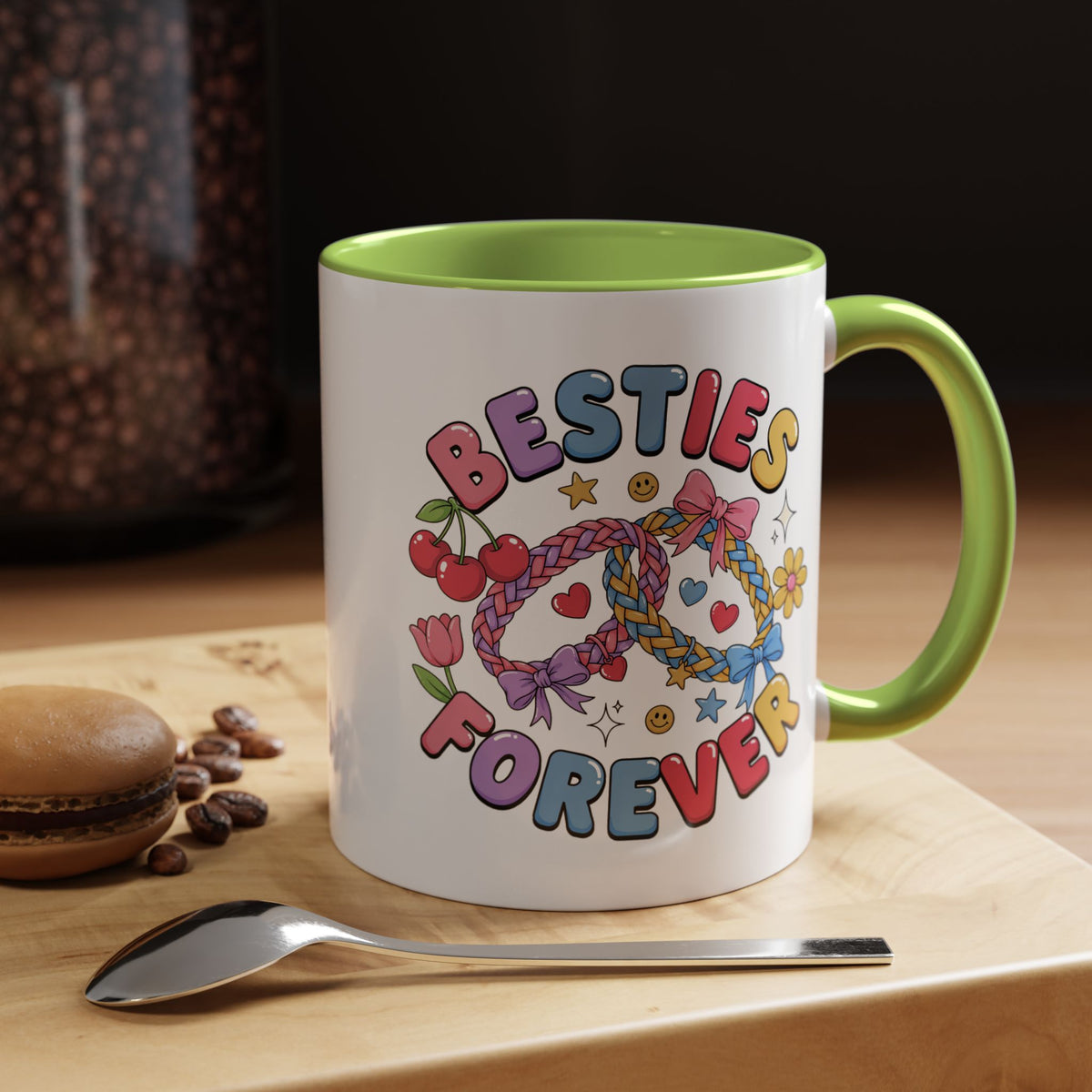 Best Friends Coffee Mug, Besties Forever Friendship Bracelet Design, Colorful Birthday Gift for a Best Friend or Long Distance Coffee Buddy