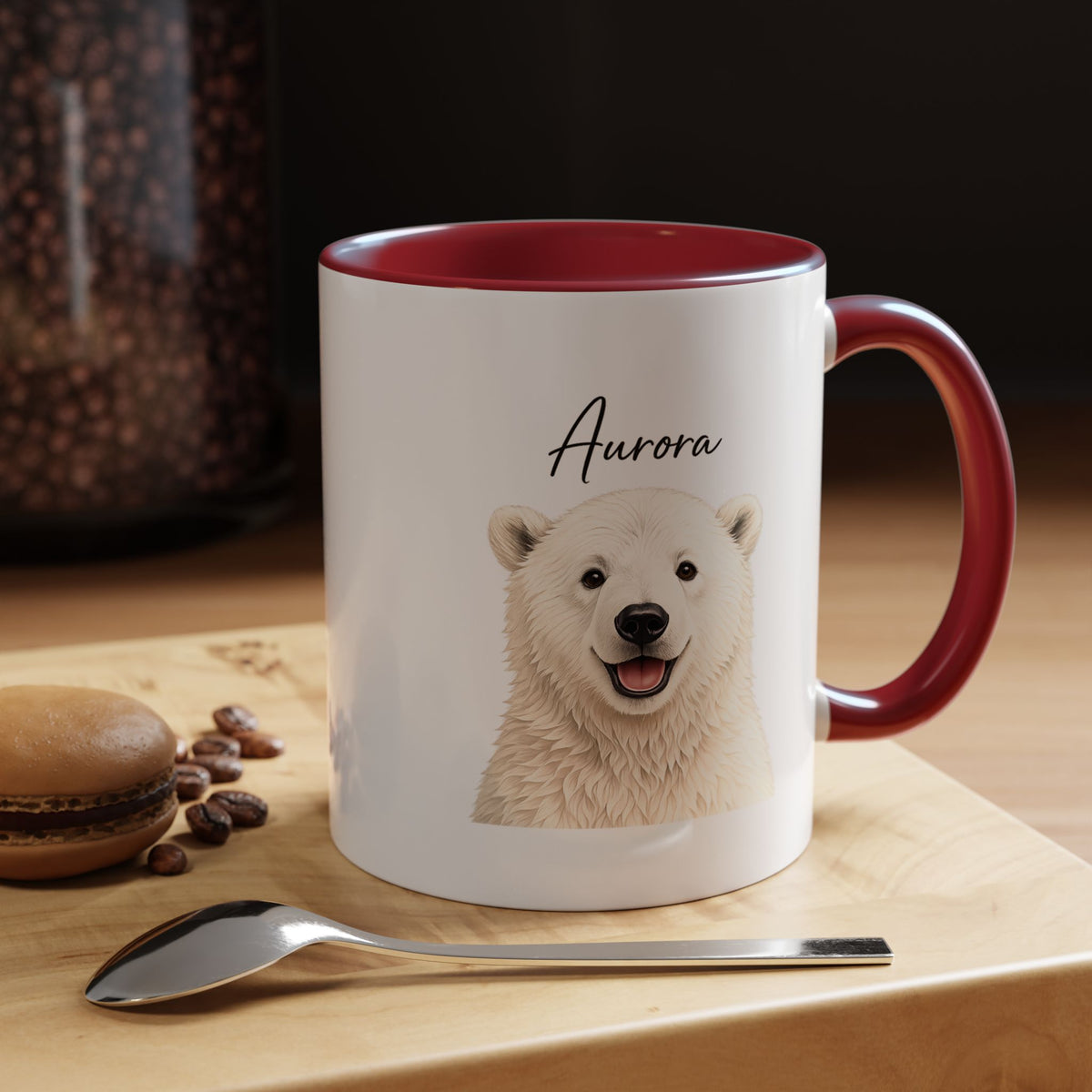 Custom Polar Bear Coffee Mug with Name, Personalized Arctic Animal Gift for Kids, Cute Winter Holiday Ceramic Tea Cup with Orange Handle