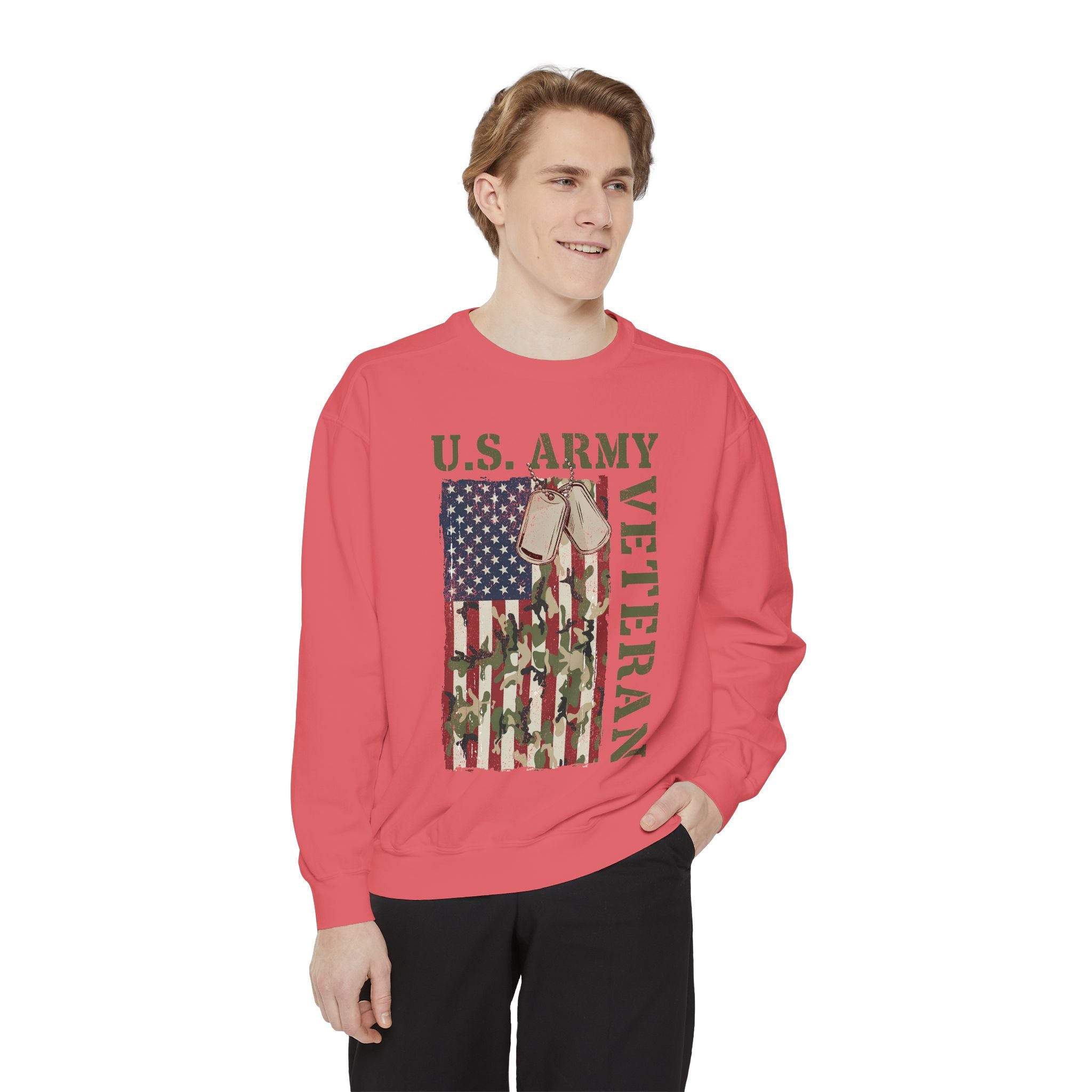 US Army Veteran Sweatshirt, American Flag Camo Crewneck, Military Dog Tag Pullover, Patriotic Soldier Gift, Retirement or Veterans Day Top