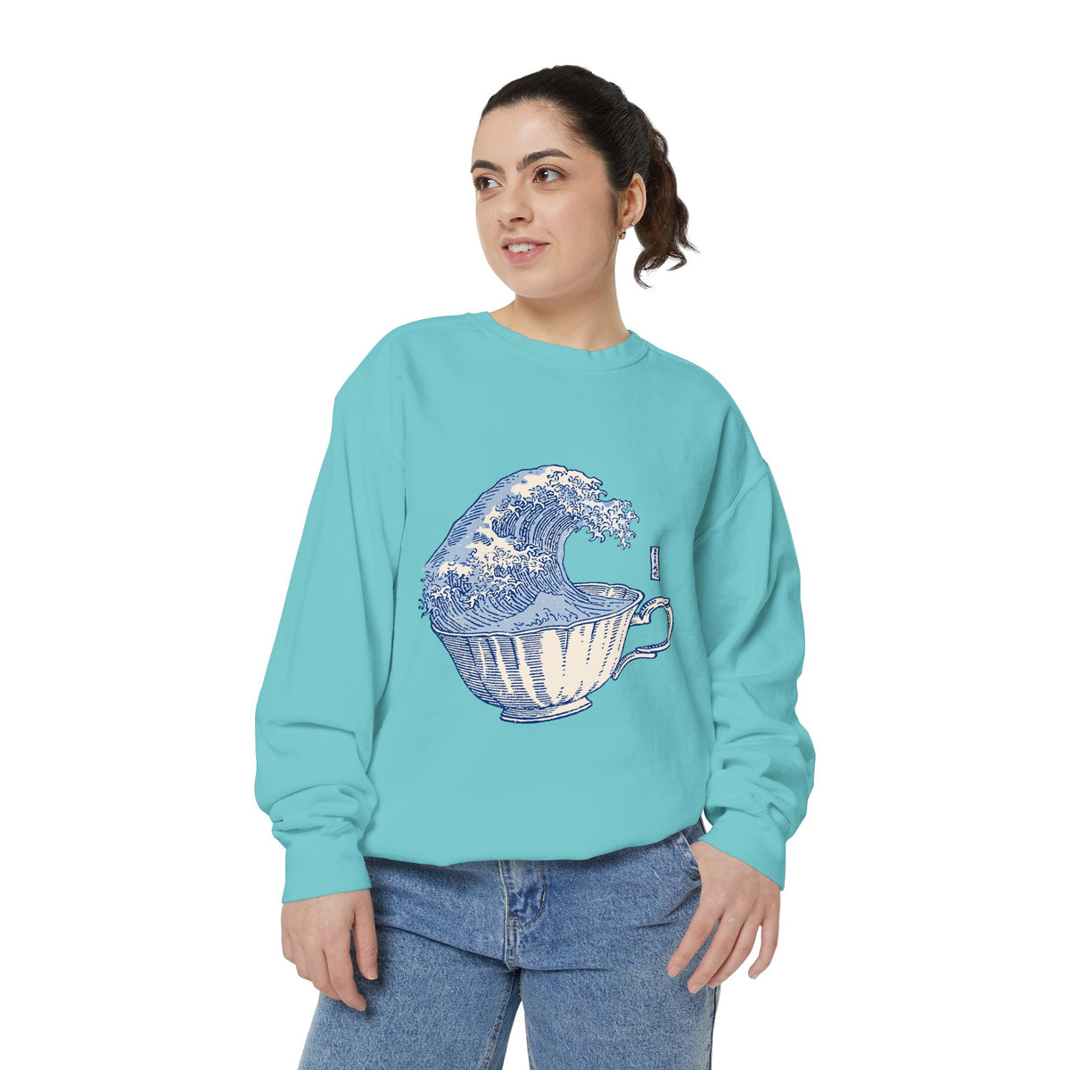 Great Wave Teacup Sweatshirt, Japanese Art Inspired Ocean Graphic, Gift for Tea Lovers and Coastal Art Fans, Casual Cafe Weekend Outfit