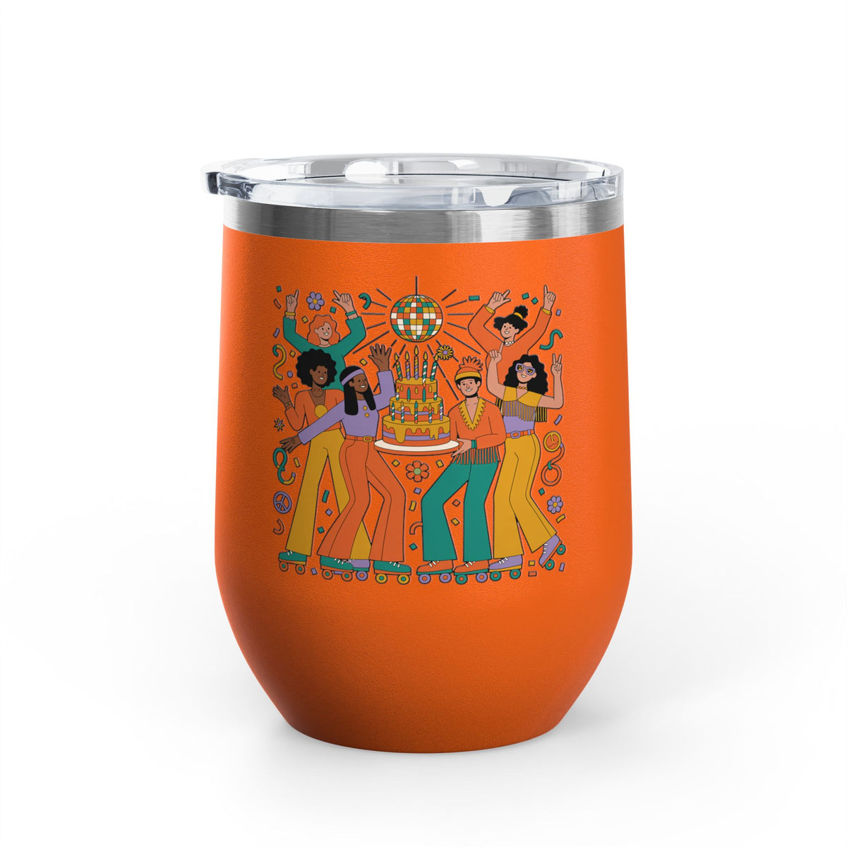 Retro Disco Birthday Wine Tumbler, 70s Roller Skating Party Design, Groovy Drinkware Gift for a Skater Friend Who Loves Vintage Aesthetics