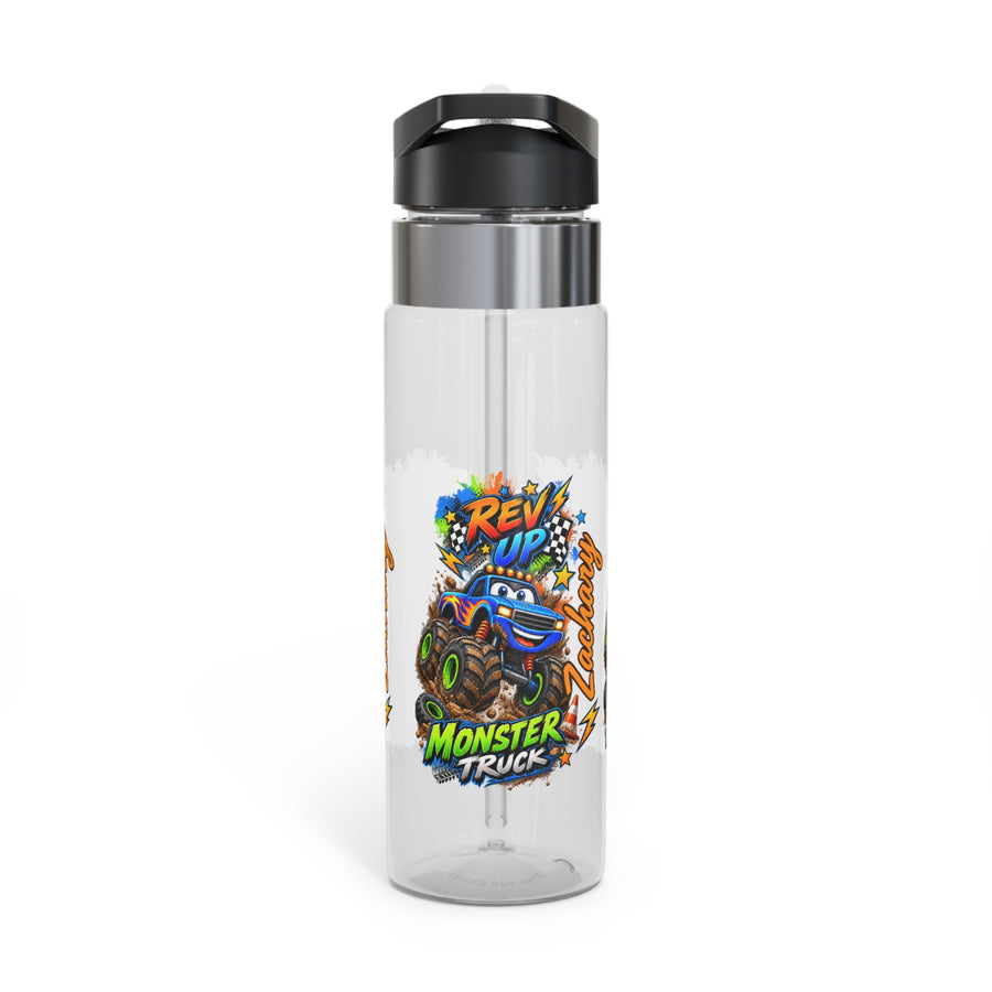 Clear plastic water bottle with a black flip lid and a straw, printed with a grinning blue monster truck on huge tyres between the words Rev Up and Monster Truck, the name Zachary beside it.