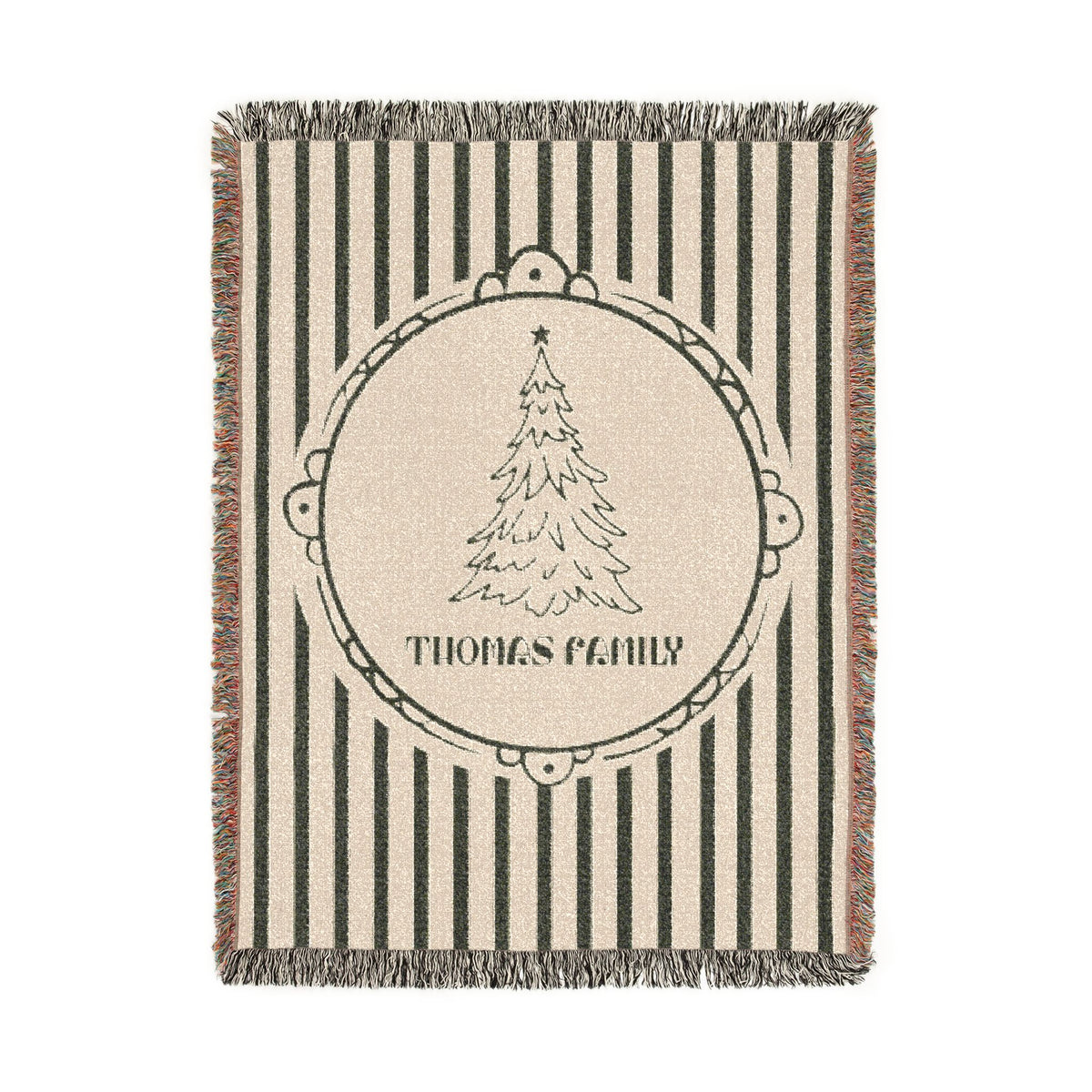 Personalized Christmas Family Blanket, Custom Name Holiday Throw, Green Striped Christmas Decor, Cozy Family Gift and Keepsake