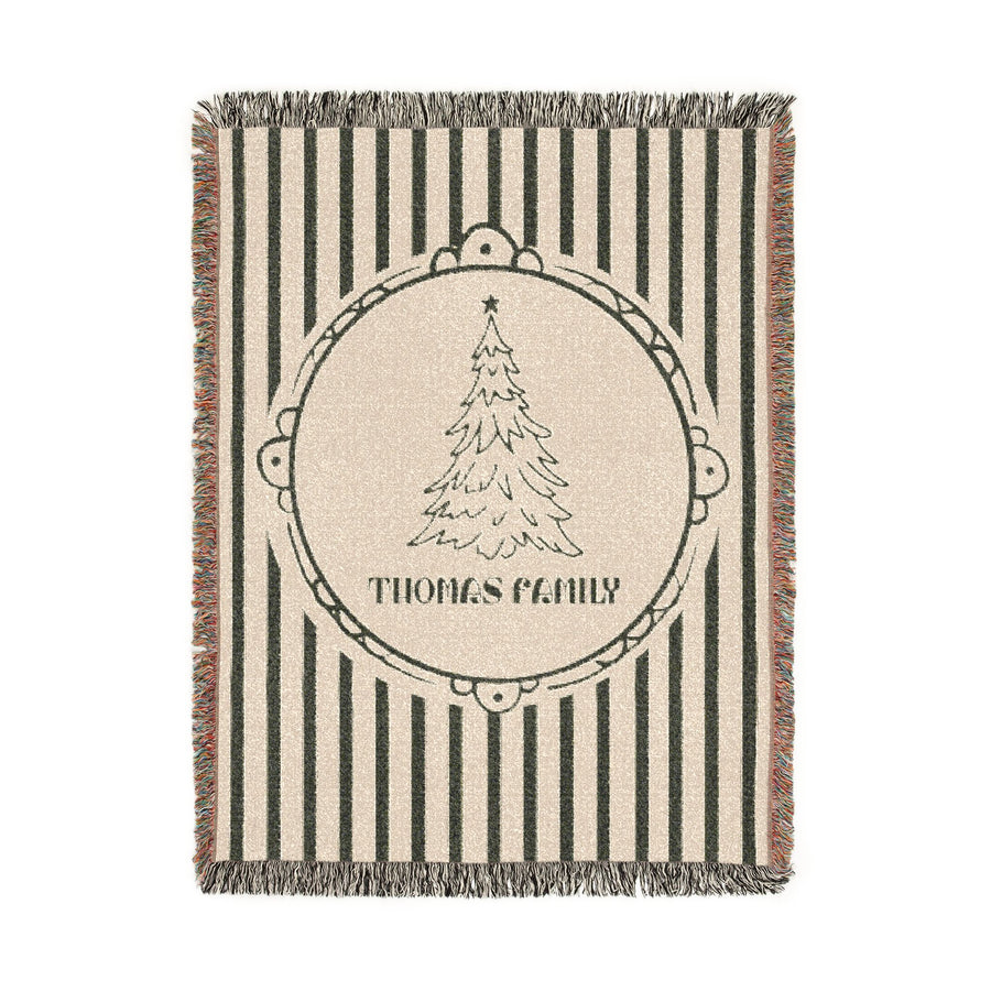 Personalized Christmas Family Blanket, Custom Name Holiday Throw, Green Striped Christmas Decor, Cozy Family Gift and Keepsake