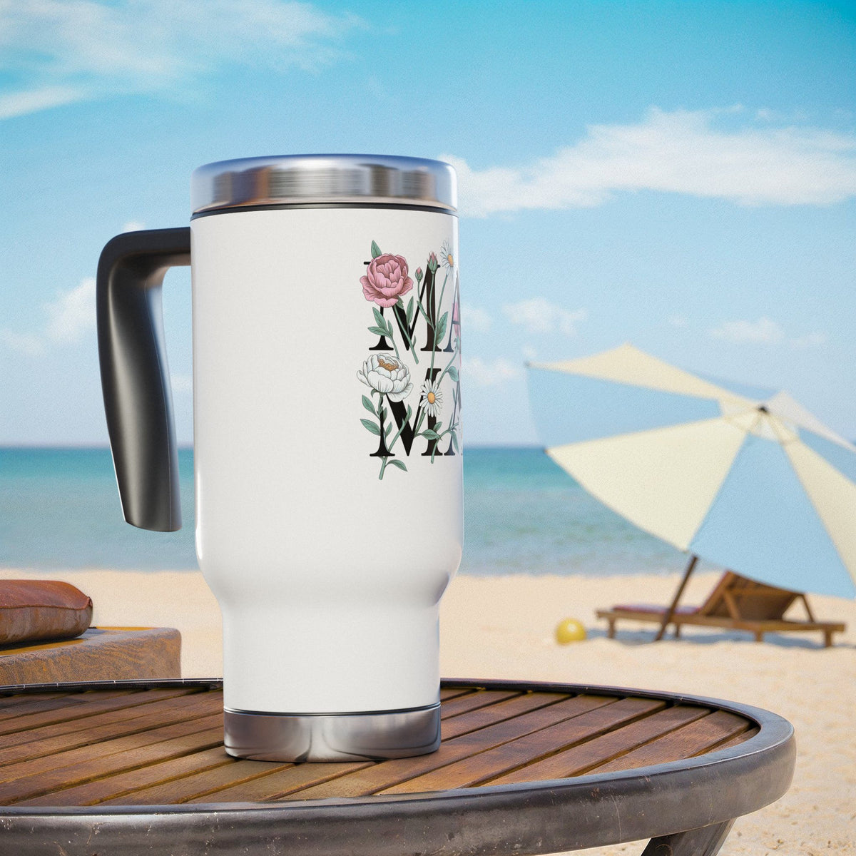 Personalized Mama Stainless Steel Travel Mug, Floral Custom Name Coffee Cup, Botanical Drink Tumbler, Mothers Day Gift for Mom