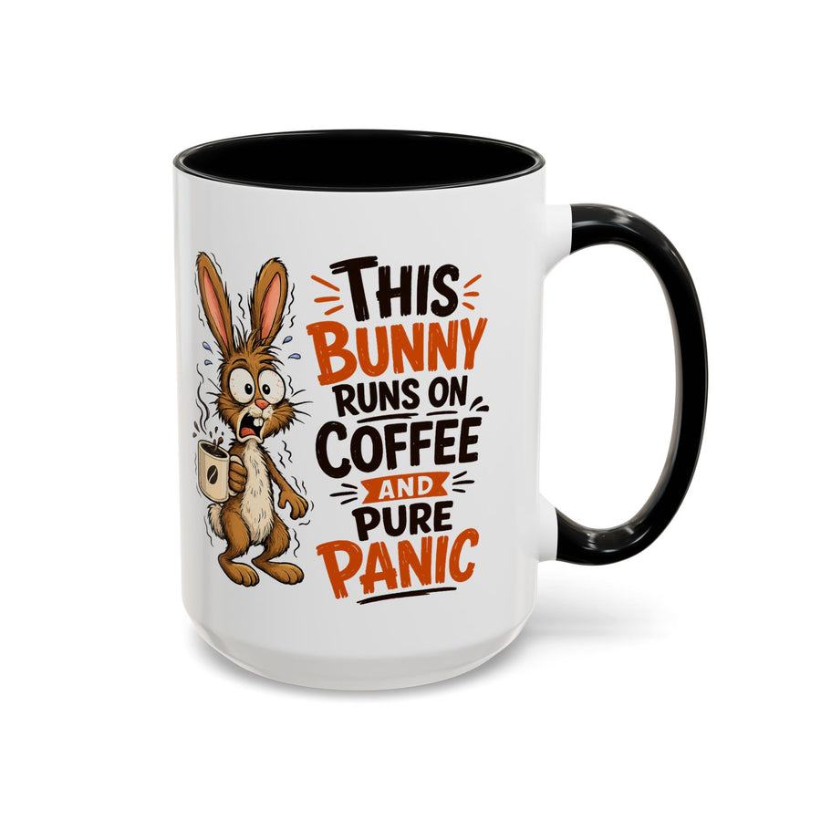 This Bunny Runs on Coffee and Pure Panic Coffee Mug, Funny Rabbit Lover Gift for Friends, Cute Sarcastic Ceramic Tea Cup with Black Handle