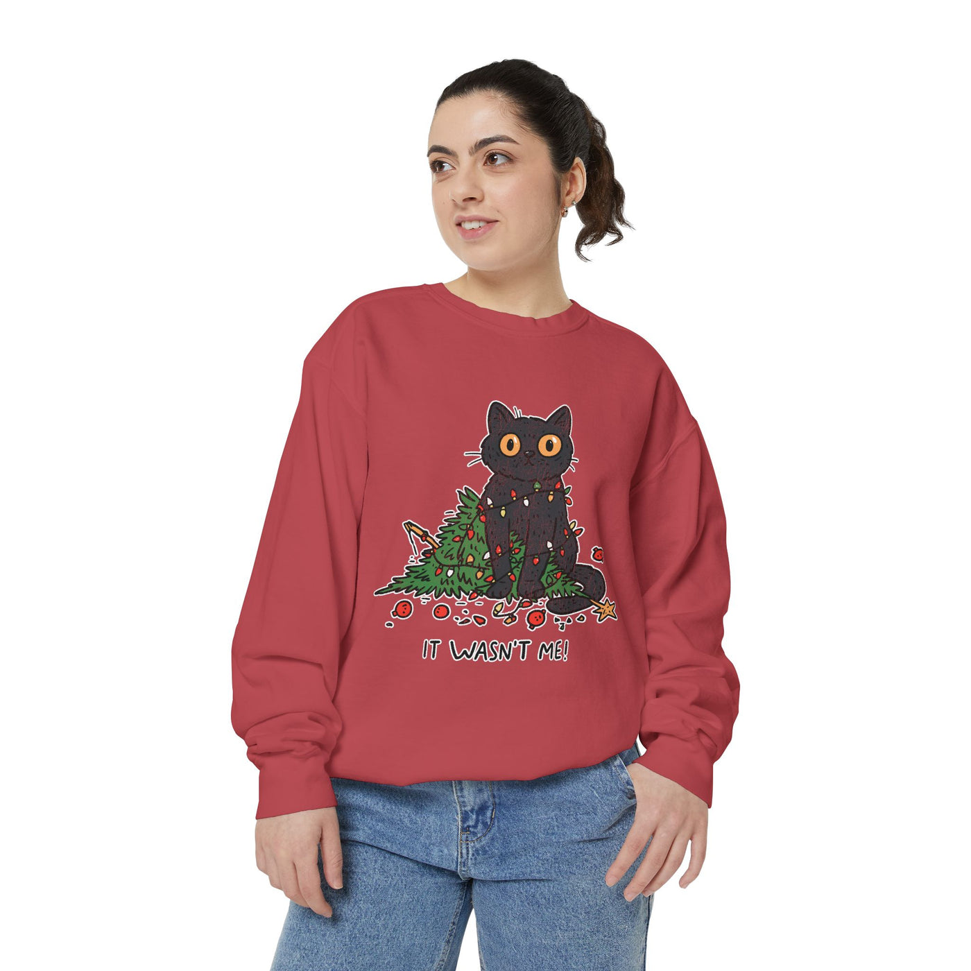 It Wasn't Me Black Cat Christmas Sweatshirt, Funny Holiday Crewneck, Mischievous Kitty Lights Pullover, Gift for Cat Mom or Cat Dad