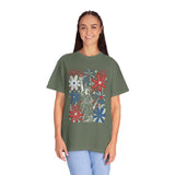 Patriotic Fireworks Shirt, Red White Blue Flower Graphic Tee, Americana T Shirt, Fourth of July Outfit, Vintage USA Gift for Women