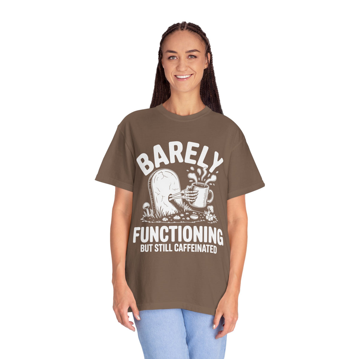Funny Coffee Lover Comfort Colors Shirt, Barely Functioning But Still Caffeinated Tee, Gothic Humor Graphic Shirt, Espresso Addict Gift