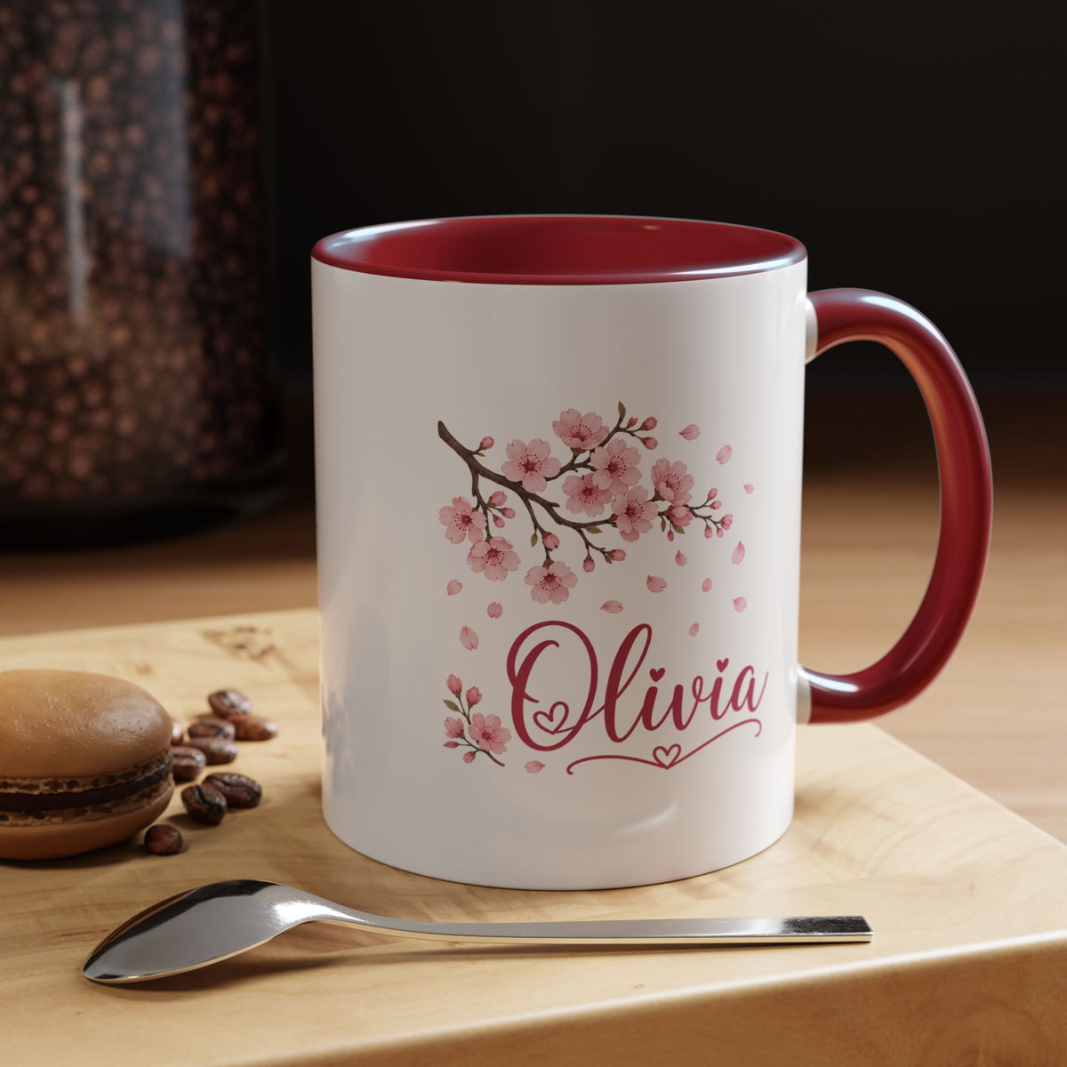 Personalized Name Mug, Pink Cherry Blossom Black Accent Coffee Cup, Custom Name Gift for Her, Girl, Daughter, Birthday or Nursery Keepsake