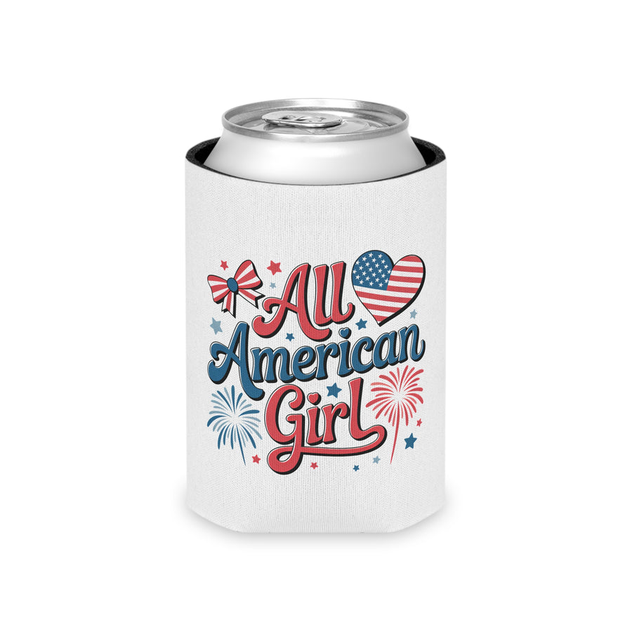 All American Girl Can Cooler, Patriotic Beer Holder for Women, 4th of July Drink Sleeve, USA Party Favor, Summer BBQ Gift, American Girl