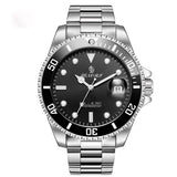 Black diver-style automatic watch with rotating bezel and stainless steel bracelet