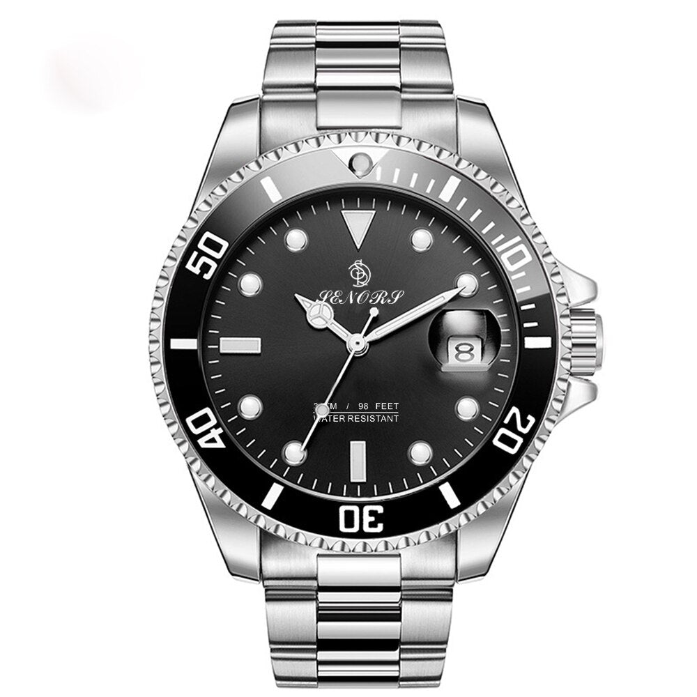 Black diver-style automatic watch with rotating bezel and stainless steel bracelet